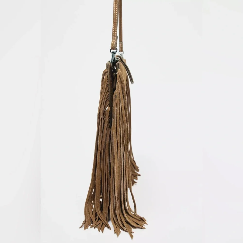 ZARA Leather Fringed Crossbody Bag - Brown